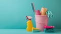 Vibrant cleaning supplies arranged on soft blue background, home hygiene concept. minimalist style, copy space. AI Royalty Free Stock Photo