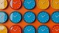 Vibrant Clocks Display: A Harmonious Blend of Colors on a Stylish Background in Modern Design Royalty Free Stock Photo