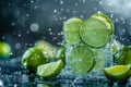 Refreshing caipirinha cocktail with splashing lime slices on a dark grey background Royalty Free Stock Photo