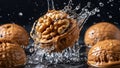 Dynamic Walnut Splash with Water Droplets on Dark Background Royalty Free Stock Photo