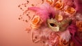 Vibrant Close-Up Carnival Venetian Mask with Feathers on Solid Peach Fuzz Background, Copy Space. Banner