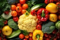 Vibrant Close-Up Composition of Fresh Tomatoes, Carrots, Broccoli, and Peppers