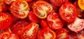 Vibrant close-up of halved tomatoes, showcasing their fresh, organic, and irresistibly juicy nature