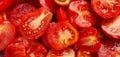 Vibrant close-up of halved tomatoes, showcasing their freshness, juiciness, and organic appeal