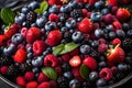 A vibrant, close-up image of a refreshing mixed berry salad, highlighting the natural colors and textures of blueberries,