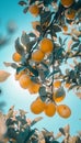 Vibrant close up of lemons on a tree against a bright blue sky, showcasing light and texture Royalty Free Stock Photo