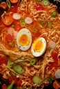 Vibrant Close-Up Photograph of a Steamy Ramen Bowl featuring a Halved Boiled Egg