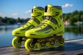 Vibrant close up of rollerblades inline skates on a sunlit road during a beautiful summer day