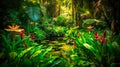 A vibrant close-up view of a lush oasis flourishing with greenery and diverse wildlife