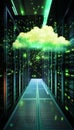 Vibrant cloud computing servers illuminated by neon green light delivering data streams Royalty Free Stock Photo