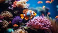 Vibrant clown fish swimming in colorful coral reef generated by AI