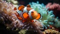 Vibrant clown fish swimming in colorful coral reef underwater generated by AI Royalty Free Stock Photo