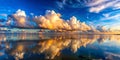 A vibrant cluster of clouds hovering over a tranquil water expanse beneath a cerulean sky AI Generative Royalty Free Stock Photo