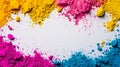 Vibrant CMYK Color Powder Burst Frame Creative Design Background White Space AI generated. Royalty Free Stock Photo