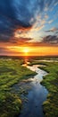 Vibrant Coastal Landscape: A Golden Light Shines On A Majestic River Royalty Free Stock Photo