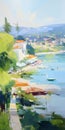 Vibrant Coastal Painting: Lagoon On Water Near Hill