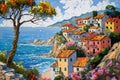 Vibrant Coastal Town Artwork. Generative AI Illustration Royalty Free Stock Photo
