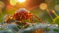 Vibrant cockroach on a dewy leaf with bokeh lights. Insect close-up with water droplets. Concept of natural beauty Royalty Free Stock Photo