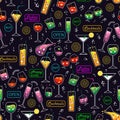 Vibrant cocktail party themed pattern with neon bar signs and colorful beverages