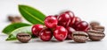 The vibrant coffee berries accompanied by rich coffee beans and leaves. AI generated image Royalty Free Stock Photo
