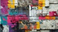 A vibrant collage of abstract graffiti painted on weathered wooden panels, showcasing a mixture of bold colors and textured urban