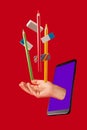 Vibrant collage of a male hand reaching out from a smartphone to colorful stationaries