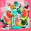 Colorful Pop Art Collage: Fruity Bottle With Water And Citrus