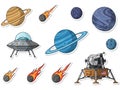 Cartoon Space Objects Collection: Planets, UFO, Comets, and Lunar Lander Royalty Free Stock Photo