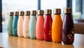 A vibrant collection of colorful bottles on a wooden table generated by AI