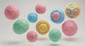 A vibrant collection of colorful geometric and abstract patterned spheres scattered on a clean white background in 3D rendering Royalty Free Stock Photo