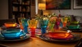 A vibrant collection of crockery decorates the modern dining table generated by AI