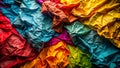 A vibrant collection of crumpled papers in a multitude of colors creating a striking abstract texture. Generative AI
