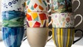 Stack of colorful ceramic mugs with various patterns and designs Royalty Free Stock Photo