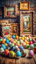 Colorful Easter eggs scattered amidst vintage frames and rustic decor in a charming setting. Generative AI Royalty Free Stock Photo
