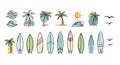 Tropical Beach and Surfboard Icon Set Royalty Free Stock Photo