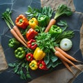 Assortment of Fresh Bell Peppers, Carrots, and Greens on Dark Surface leafy greens Royalty Free Stock Photo