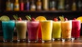 Vibrant collection of fruity cocktails on wooden table generated by AI