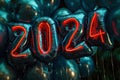 Vibrant collection of metallic balloons of the numeral "2024", exuding a festive atmosphere