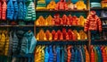 A vibrant collection of multi colored winter clothing in a store