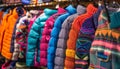 A vibrant collection of multi colored winter clothing in a store