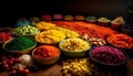 A vibrant collection of organic spices in a high angle view generated by AI