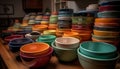 A vibrant collection of ornate earthenware pottery in various shapes generated by AI