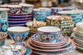 Colorful traditional ceramic tableware display Royalty Free Stock Photo