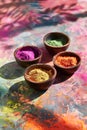 Vibrant Collection of Powdered Holi Colors in Traditional Bowls on Dark Background Royalty Free Stock Photo