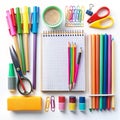 Assortment of Colorful School and Office Supplies Arranged on a White Background stationery Royalty Free Stock Photo