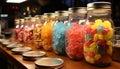 A vibrant collection of sweet candy in a colorful jar generated by AI