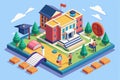 A vibrant college campus features students engaging in various activities around school buildings, Customizable isometric Royalty Free Stock Photo