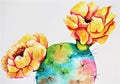 Watercolor Prickly Pear Cactus, Opuntia,  in Bloom Royalty Free Stock Photo