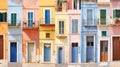 Vibrant color of facade of several Mediterranean coastal houses with pastel blues Royalty Free Stock Photo