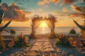 Romantic Beach Wedding Arch at Sunset with Floral Decorations Royalty Free Stock Photo
